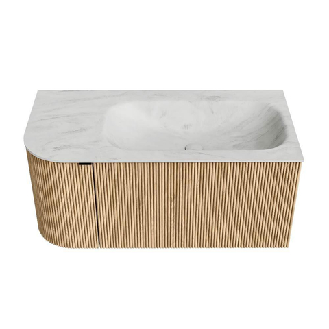 MONDIAZ KURVE-DLUX meuble de salle de bains 95cm avec module 25 L couleur Oak avec 1 tiroir et 1 porte. Lavabo BIG SMALL droite 1 trou de robinet couleur Opalo. SW1137527