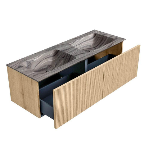 MONDIAZ KURVE-DLUX Meuble de salle de bains 130cm couleur Chêne avec 2 tiroirs et 0 portes. Lavabo LEAF Double 2 trous de robinet Sombra. SW1433599
