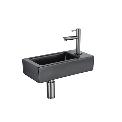 FugaFlow Efficiente Pietra Ensemble de fontaine - 37,5x18,5x9cm - céramique - trou de robinet à droite - robinet de fontaine gunmetal - bouchon de vidange - siphon abaissé - Noir mat SW1442209