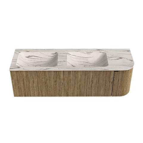 MONDIAZ KURVE-DLUX 145cm badmeubel ronding Rechts kleur Dusk met 1 lade en 1 deur. Wastafel LEAF Dubbel / Links zonder kraangat Nata. SW1432419