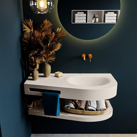 MONDIAZ RIVA Badkamermeubelset - 100x50x5.8cm - 0 lades - Linen mat - 0 kraangaten - wasbak rechts - solid surface linen + Mondiaz Click sifon - 6.7cm - ruimtebesparend - rond - Solid surface Linen SHOWROOMMODEL SHOW26700