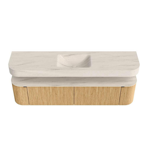 MONDIAZ THOR-DLUX 190cm meuble de salle de bains arrondi gauche + droite couleur Oak avec 2 tiroirs et 2 portes. Vasque suspendue CLOUD Milieu sans trou de robinet couleur Meli. SW1466630