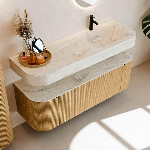 MONDIAZ THOR-DLUX 140cm meuble de salle de bains arrondi gauche + droite couleur Oak avec 1 tiroir et 2 portes. Vasque suspendue CLOUD Droite 1 trou de robinet couleur Ostra. SW1463947