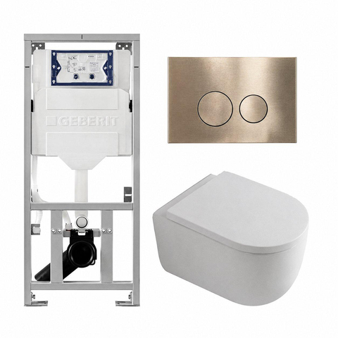 QeramiQ Dely Swirl Toiletset - 36.3x51.7cm - Geberit UP320 inbouwreservoir - met Burda frame - 35mm zitting - geborsteld messing bedieningsplaat - ronde knoppen - glans wit SW1138653