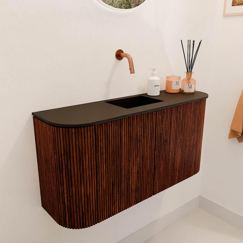 Mondiaz JOYA 83.2cm meuble de salle de bains - arrondi gauche et droite couleur Ruby - Vasque FAYE position Milieu Sans trou de robinet couleur Urban. SW1421857