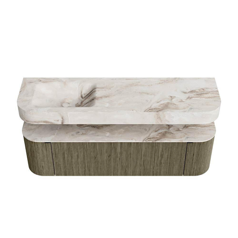 MONDIAZ THOR-DLUX 160cm meuble de salle de bains arrondi gauche + droite couleur Shadow avec 1 tiroir et 2 portes. Vasque suspendue CLOUD Gauche 1 trou de robinet couleur Frappe. SW1465225