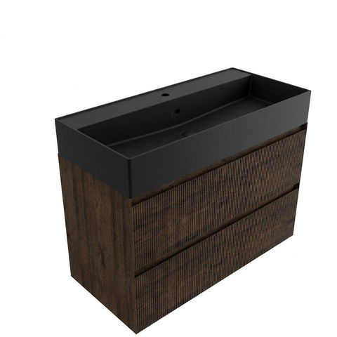 Saniclass Holz Atelier Badkamermeubelset - 100x45x72cm - Legend keramische wastafel mat zwart - 1 wasbak - 1 kraangat - 2 lades - mat eiken charcoal (hout) SW1579637