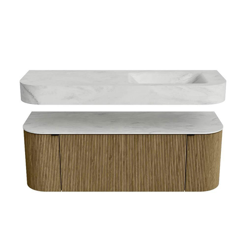 MONDIAZ THOR-DLUX 130cm meuble de salle de bains arrondi gauche + droite couleur Dusk avec 1 tiroir et 2 portes. Vasque suspendue CLOUD droite sans trou de robinet couleur Opalo. SW1463496