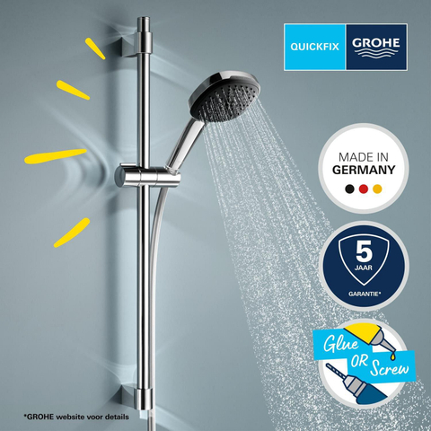 GROHE Vitalio Comfort 110 Ensemble barre de douche - 60cm - douchette à main carrée - 3 types de jets - flexible de douche lisse - chrome SW1028285