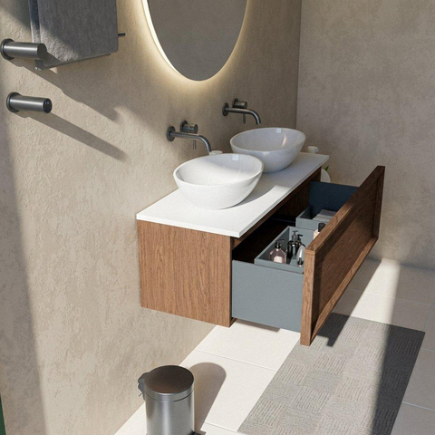 Saniclass Holz Frame Badkamermeubelset - 120x45x42.5cm - Torino solid surface topblad wit - zonder kraangat - 1 lade - mat walnut pure (hout) SW1478716