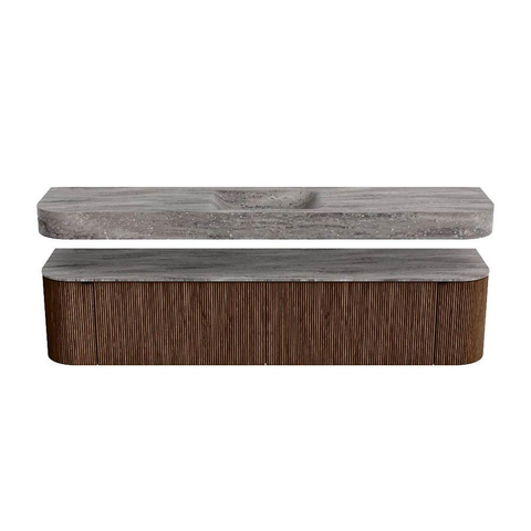 MONDIAZ THOR-DLUX 200cm meuble de salle de bains arrondi gauche + droite couleur Walnut avec 2 tiroirs et 2 portes. Vasque suspendue CLOUD Milieu 1 trou de robinet couleur Oza. SW1467186