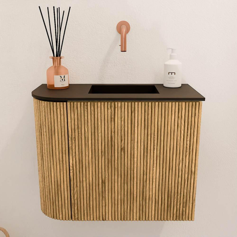 Mondiaz JOYA 51.6cm meuble de toilette - arrondi gauche couleur Oak - Vasque FAYE position Droite Sans trou de robinet couleur Urban. SW1421182
