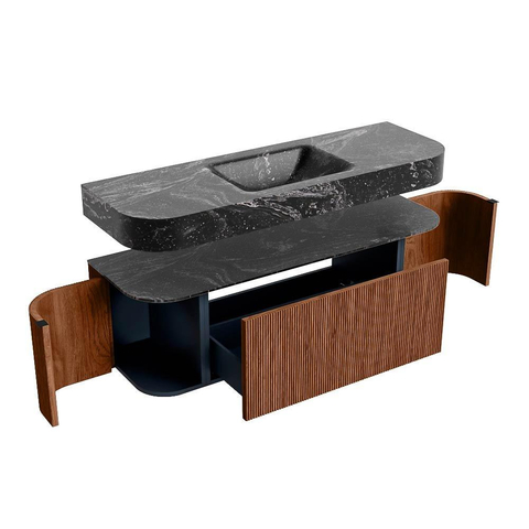 MONDIAZ THOR-DLUX 140cm badmeubel ronding links + rechts kleur Ruby met 1 lade en 2 deuren. Vrijhangende wastafel CLOUD Midden zonder kraangat kleur Lava. SW1464208