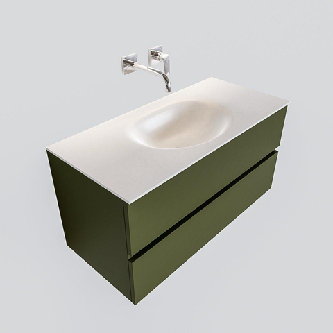 ENSEMBLE DE MEUBLE MONDIAZ VICA - 100cm - 2 tiroirs - lavabo Moon central - 0 trous de robinet - solid surface army SW410071