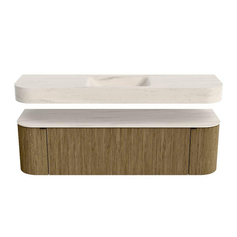 MONDIAZ THOR-DLUX 160cm meuble de salle de bains arrondi gauche + droite couleur Dusk avec 1 tiroir et 2 portes. Vasque suspendue CLOUD Centre sans trou de robinet couleur Meli. SW1465170
