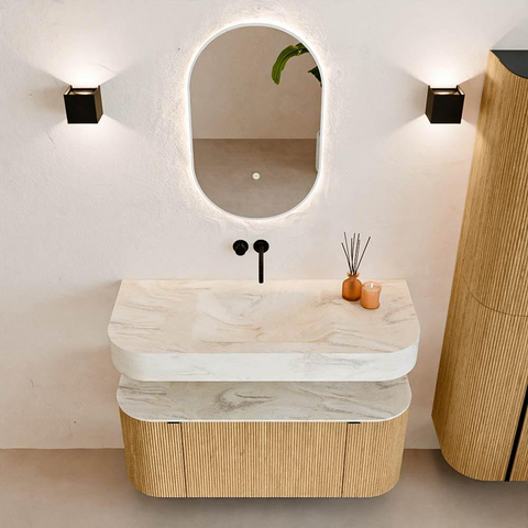 MONDIAZ THOR-DLUX 110cm badmeubel ronding links + rechts kleur Oak met 1 lade en 2 deuren. Vrijhangende wastafel CLOUD Midden zonder kraangat kleur Ostra. SW1462806