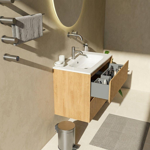 Saniclass Holz Atelier Badkamermeubelset - 80x45x73.9cm - Chaci keramische wastafel wit - 1 wasbak - zonder kraangat - 2 lades - mat eiken natural (hout) SW1478787