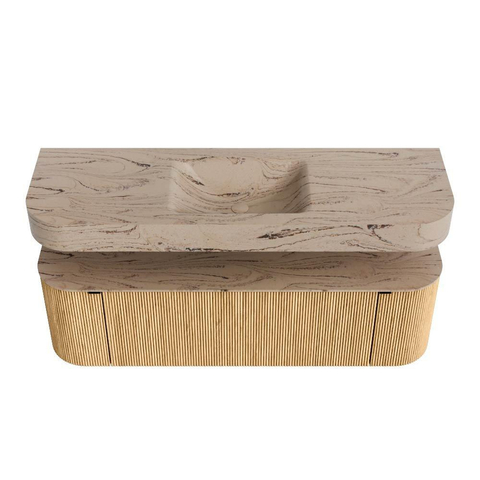 MONDIAZ THOR-DLUX 150cm badmeubel ronding links + rechts kleur Oak met 1 lade en 2 deuren. Vrijhangende wastafel CLOUD Midden zonder kraangat kleur Arena. SW1464700