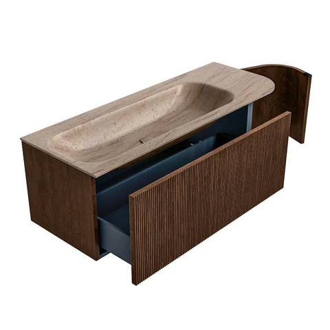 MONDIAZ KURVE-DLUX 125cm badmeubel ronding Rechts kleur Walnut met 1 lade en 1 deur. Wastafel BIG MEDIUM Links zonder kraangat Saba. SW1433177