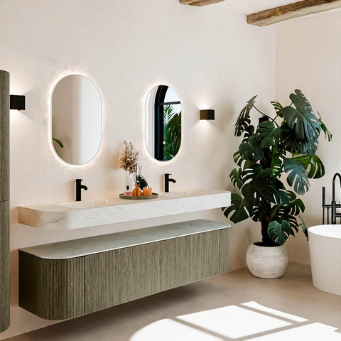 MONDIAZ THOR-DLUX Meuble de salle de bains - 190cm - arrondi gauche + droite - couleur Shadow - 2 tiroirs - 2 portes - Vasque suspendue CLOUD Double 2 trous de robinet - couleur Opalo SW1466572