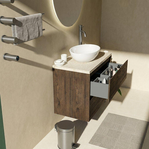Saniclass Holz Pure Badkamermeubelset - 80x45x63cm - Travertine natuurstenen topblad - 1 kraangat - 2 lades - mat eiken charcoal (hout) SW1478855