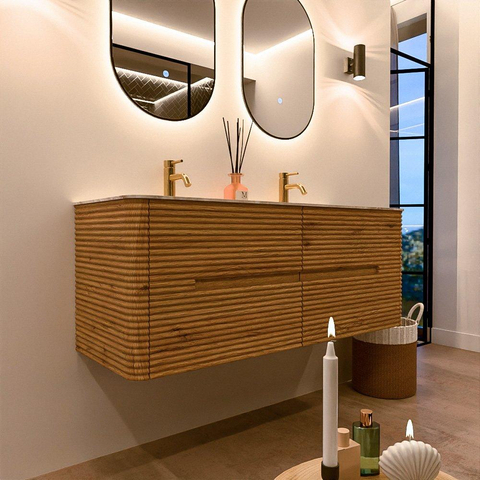 Mondiaz CIRO-DLUX Meuble de salle de bains - 130x45x50cm - Plan vasque solid surface Frappe - 2 vasques double - 2 trous de robinet - 4 tiroirs - Chêne SW1530872