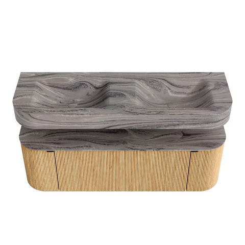 MONDIAZ THOR-DLUX Meuble de salle de bains 140cm arrondi gauche + droite couleur Oak avec 1 tiroir et 2 portes. Vasque suspendue CLOUD Double sans trou de robinet couleur Sombra. SW1464367