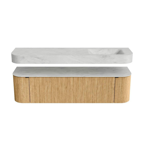 MONDIAZ THOR-DLUX Meuble de salle de bains 170cm arrondi gauche + droite couleur Oak avec 1 tiroir et 2 portes. Vasque suspendue CLOUD Droite 1 trou de robinet couleur Opalo. SW1465433