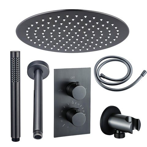 Fortifura Calvi Inbouw Regendoucheset - thermostatisch - plafondarm - 25cm - hoofddouche - staaf handdouche - gladde doucheslang - PVD - geborsteld gunmetal (antraciet) SW809519