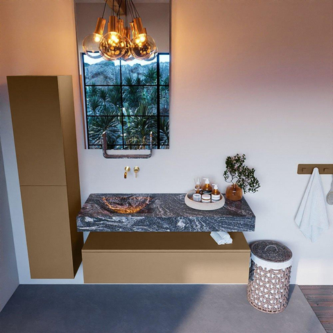 Mondiaz ALAN-DLUX Ensemble de meuble - 130cm - meuble Oro mat - 1 tiroir - Lavabo Cloud Lava suspendu - vasque Gauche - 0 trous de robinet SW808486