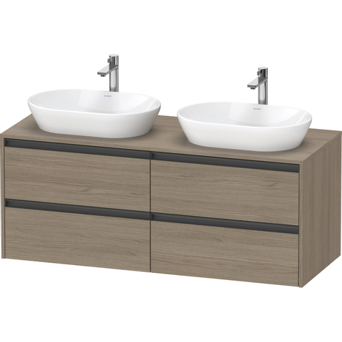 Duravit Ketho.2 Wastafelonderbouwkast - inclusief consoleplaat - met 4 laden - voor dubbele waskommen - 140x55x56.8cm - met handgrepen antraciet - eiken terra mat SW773149
