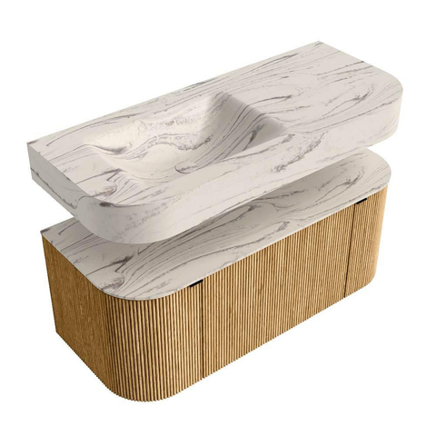 MONDIAZ THOR-DLUX 110cm badmeubel ronding links + rechts kleur Oak met 1 lade en 2 deuren. Vrijhangende wastafel CLOUD Links 1 kraangat kleur Nata. SW1462934