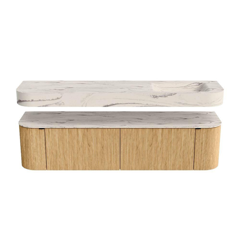 MONDIAZ THOR-DLUX 180cm meuble de salle de bains arrondi gauche + droite couleur Oak avec 2 tiroirs et 2 portes. Vasque suspendue CLOUD Droite 1 trou de robinet couleur Nata. SW1466203