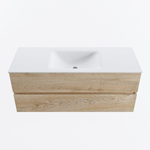 MONDIAZ VICA meuble sous lavabo 120cm Chêne blanchi 2 tiroirs. Lavabo CLOUD central sans trou de robinet, couleur Talc. SW1381905