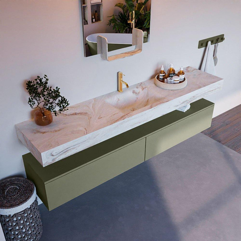Mondiaz ALAN-DLUX Ensemble de meuble - 200cm - meuble Army mat - 2 tiroirs - Lavabo Cloud Frappe suspendu - vasque Centre - 1 trou de robinet SW804851