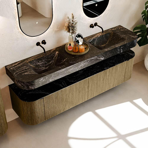 MONDIAZ THOR-DLUX 190cm meuble de salle de bains arrondi gauche + droite couleur Dusk avec 2 tiroirs et 2 portes. Vasque suspendue CLOUD Double sans trou de robinet couleur Lava. SW1466469