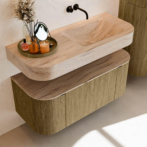 MONDIAZ THOR-DLUX Meuble de salle de bains 110cm arrondi gauche + droite couleur Dusk avec 1 tiroir et 2 portes. Vasque suspendue CLOUD Droite sans trou de robinet couleur Saba. SW1463029