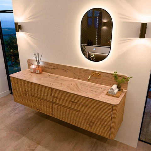 Mondiaz CIRO-DLUX Meuble de salle de bains - 190x45x50cm - Plan vasque solid surface Arena - 1 bassin à droite - sans trous de robinetterie - 4 tiroirs - Chêne SW1531407