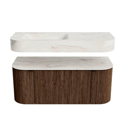 MONDIAZ THOR-DLUX 110cm meuble de salle de bains arrondi gauche + droite couleur Walnut avec 1 tiroir et 2 portes. Vasque suspendue CLOUD Gauche 1 trou de robinet couleur Ostra. SW1462768