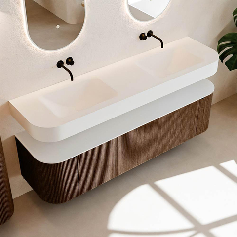 MONDIAZ THOR 170cm meuble de salle de bains arrondi gauche + droite couleur Walnut avec 1 tiroir et 2 portes. Vasque suspendue CLOUD Double sans trou de robinet couleur Talc. SW1467687