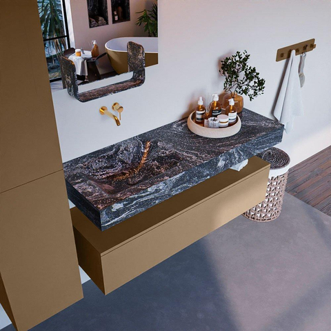 Mondiaz ALAN-DLUX Ensemble de meuble - 130cm - meuble Oro mat - 1 tiroir - Lavabo Cloud Lava suspendu - vasque Gauche - 0 trous de robinet SW808486
