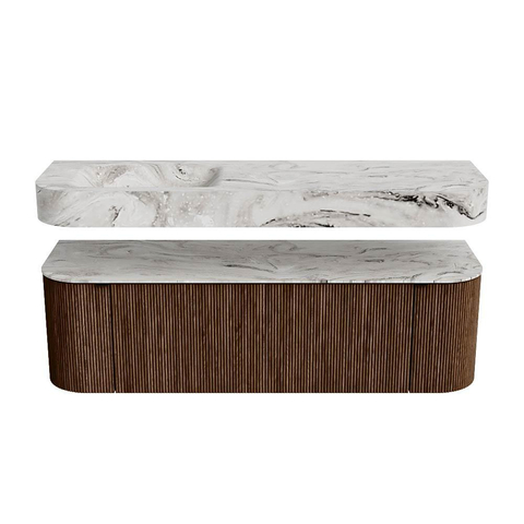 MONDIAZ THOR-DLUX 150cm badmeubel ronding links + rechts kleur Walnut met 1 lade en 2 deuren. Vrijhangende wastafel CLOUD Links zonder kraangat kleur Glace. SW1464654