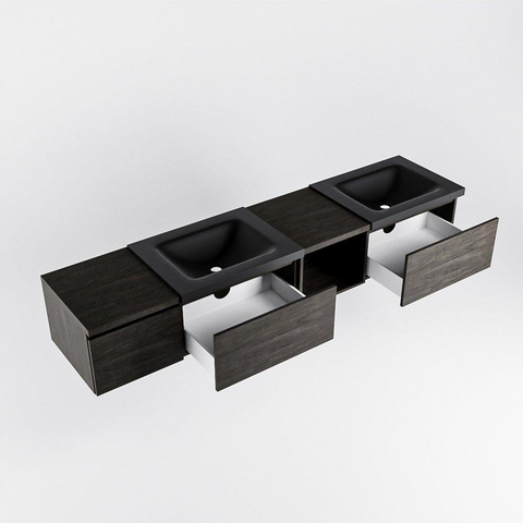 MONDIAZ BUKLA 200cm ensemble de meuble avec module ouvert 40 à droite couleur Marron Foncé avec 3 tiroirs. Lavabo CLOUD double 2 trous de robinet couleur Urban. SW1382139