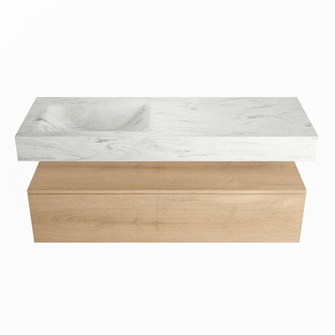 Mondiaz ALAN-DLUX Ensemble de meuble - 130cm - meuble Washed Oak mat - 1 tiroir - Lavabo Cloud Opalo suspendu - vasque Gauche - 0 trous de robinet SW808842