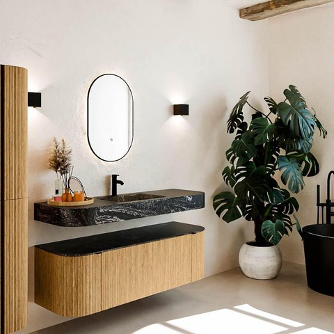MONDIAZ THOR-DLUX 140cm meuble de salle de bains arrondi gauche + droite couleur Oak avec 1 tiroir et 2 portes. Vasque suspendue CLOUD Milieu 1 trou de robinet couleur Lava. SW1463941