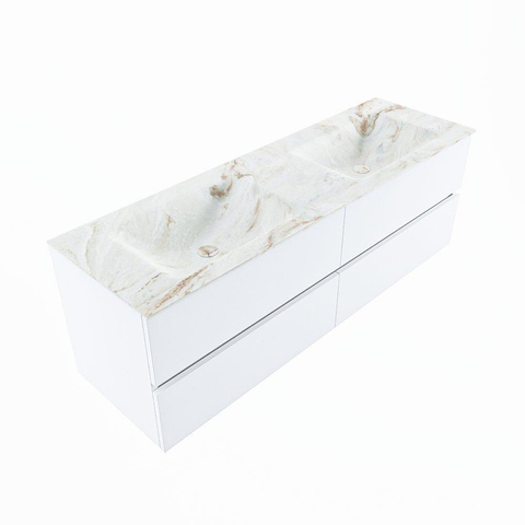 MONDIAZ VICA-DLUX Ensemble meuble de salle de bains - 150cm - meuble bas talc - 4 tiroirs - vasque encastrée cloud double - sans trous de robinet - version hauteur 60cm - frape SW1088617
