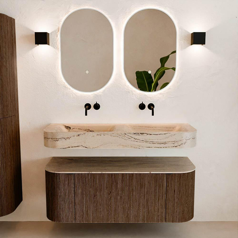 MONDIAZ THOR-DLUX 120cm meuble de salle de bains arrondi gauche + droite couleur Walnut avec 1 tiroir et 2 portes. Vasque suspendue CLOUD Double sans trou de robinet couleur Arena. SW1463446