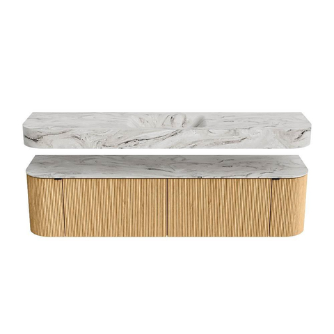MONDIAZ THOR-DLUX 180cm meuble de salle de bains arrondi gauche + droite couleur Oak avec 2 tiroirs et 2 portes. Vasque suspendue CLOUD Milieu 1 trou de robinet couleur Glace. SW1465904