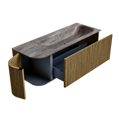 MONDIAZ KURVE-DLUX Meuble de salle de bains 125cm arrondi à gauche couleur Dusk avec 1 tiroir et 1 porte. Lavabo BIG MEDIUM à droite sans trou de robinet Oza. SW1432984