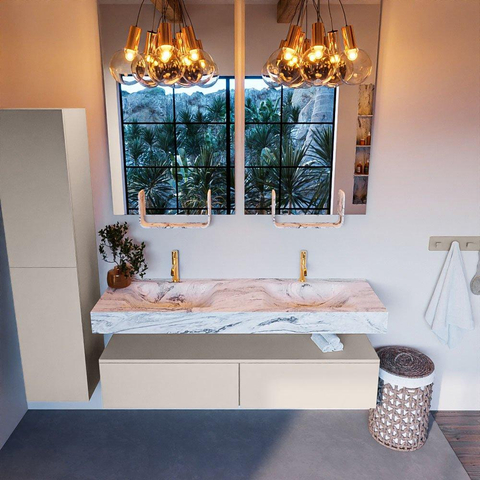 Mondiaz ALAN-DLUX Ensemble de meuble - 150cm - meuble Linen mat - 2 tiroirs - Lavabo Cloud Glace suspendu - vasque Gauche et droite - 2 trous de robinet SW805934